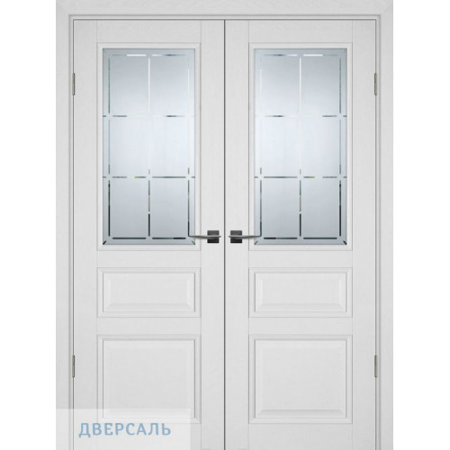 Двустворчатая дверь ПСУ-39 белое дерево ст. сатинат гравировка